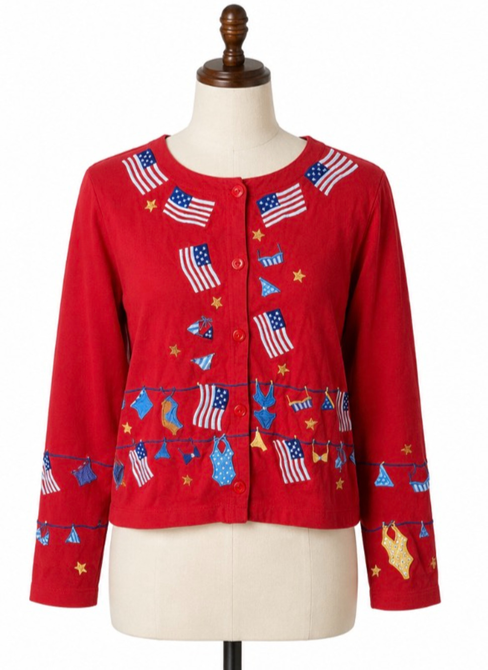 Michael Simon Women's Vintage USA Flag Embroidered Knit Cardigan Red Size Medium